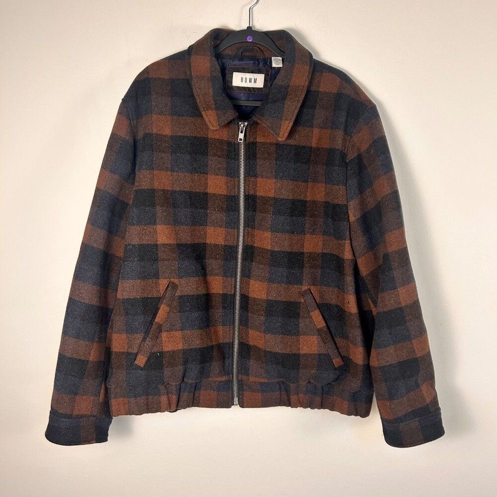 Rowm Wool Blend Plaid Bomber Jacket Mens XXL Brown Gray Full Zip Lined Coat
